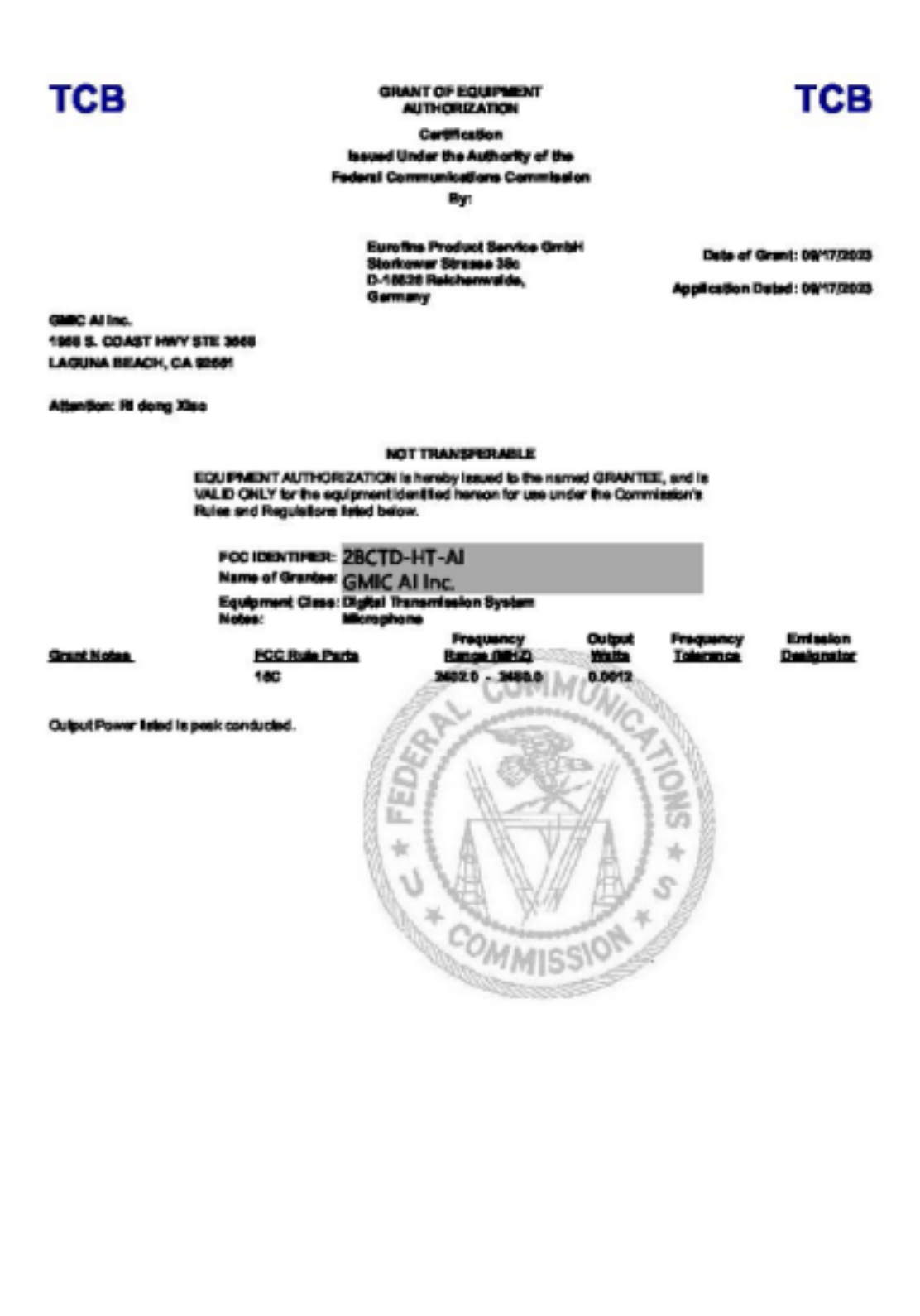 FCC TCB Equipment Authorization