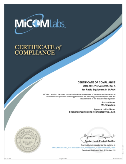 MiCOM Labs Certificate of Compliance Japan