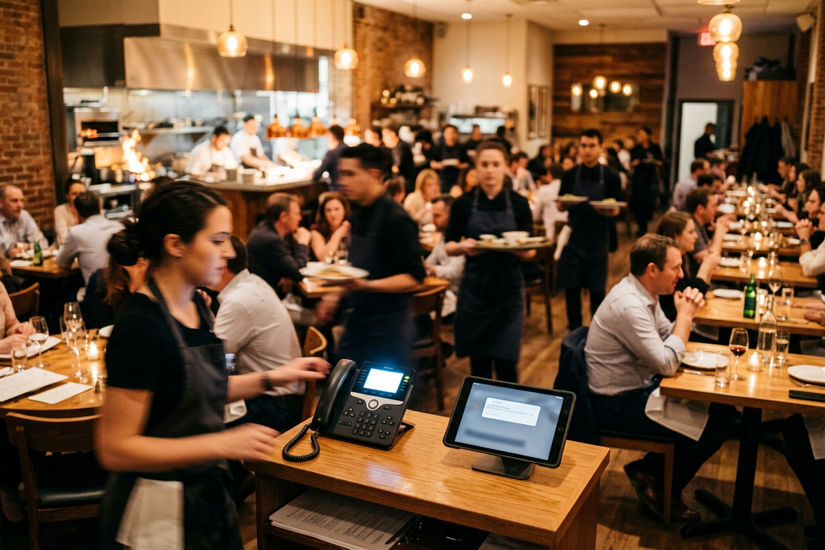Restaurant dinner rush with calls being captured and summarized