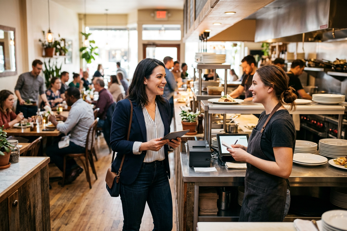 Field sales conversation inside a busy restaurant
