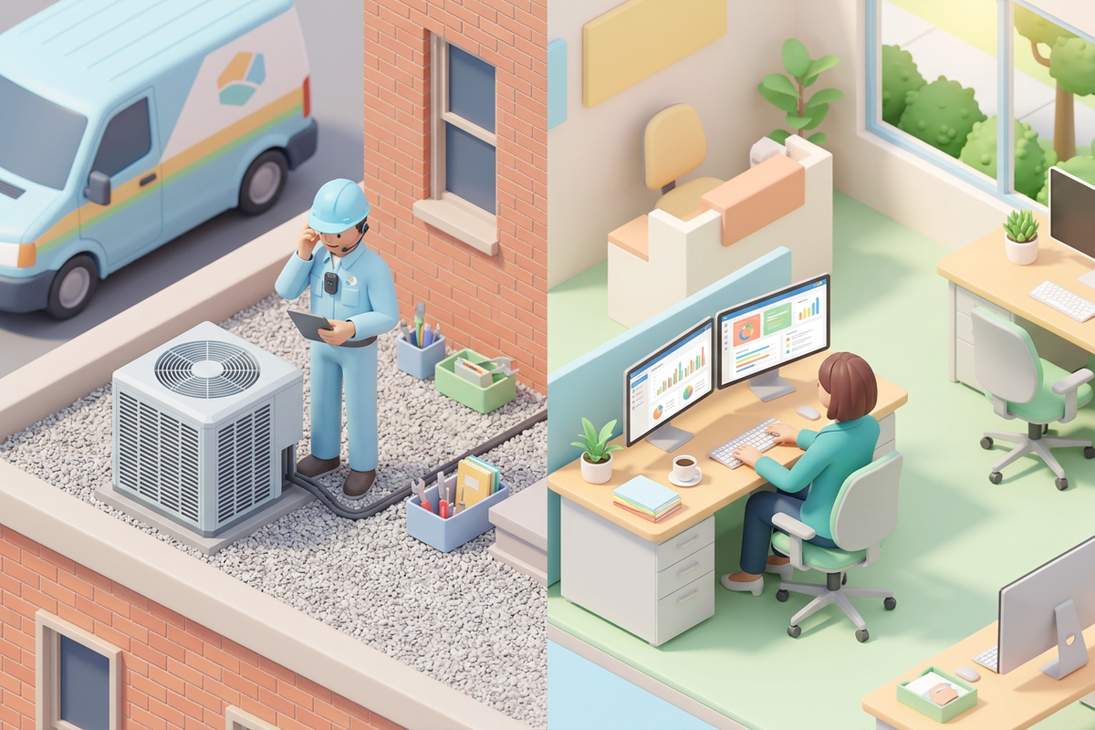 HVAC field service conversation tracked with voice notes and office follow-up