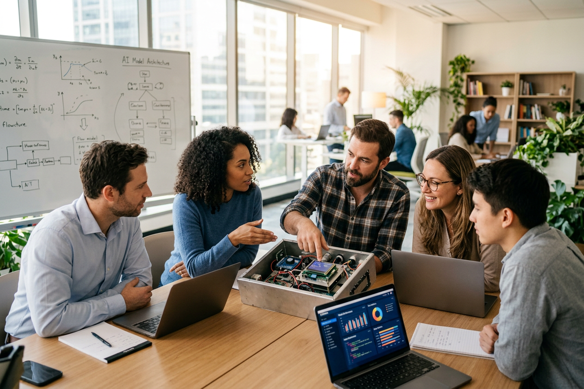 AI startup team reviewing a hardware prototype