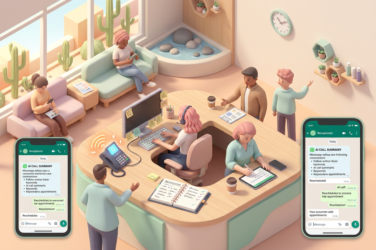 Salon front desk handling appointment changes with AI call summaries replacing sticky notes