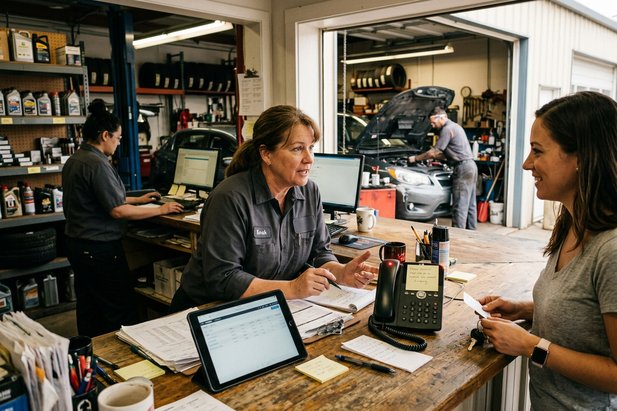 Auto repair shop service counter capturing customer request details