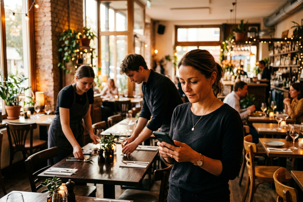 Restaurant owner reviewing call summary and follow-up tasks on phone