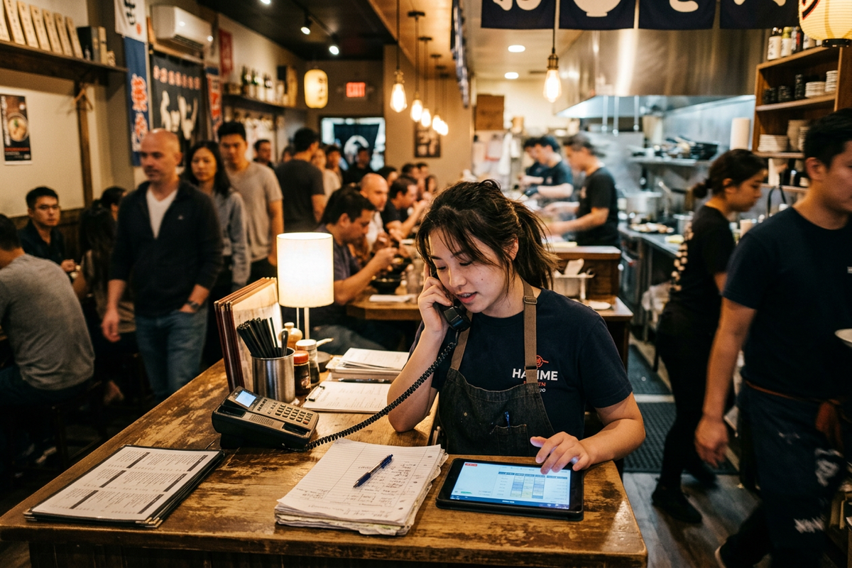 Busy restaurant host stand during dinner rush with ringing phone