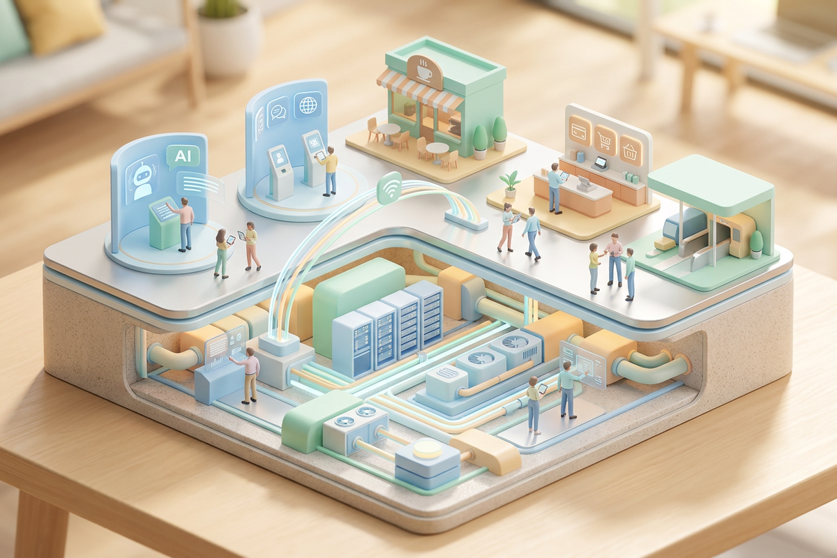 Isometric illustration of AI infrastructure and human interface layers