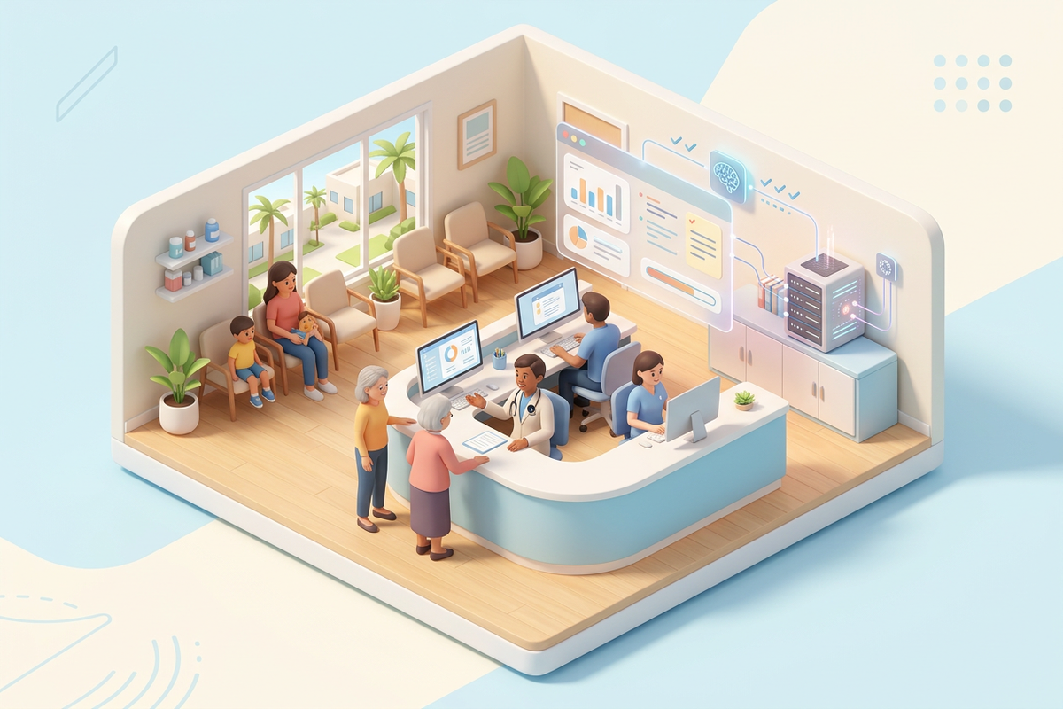 Isometric clinic front desk using wearable AI voice capture