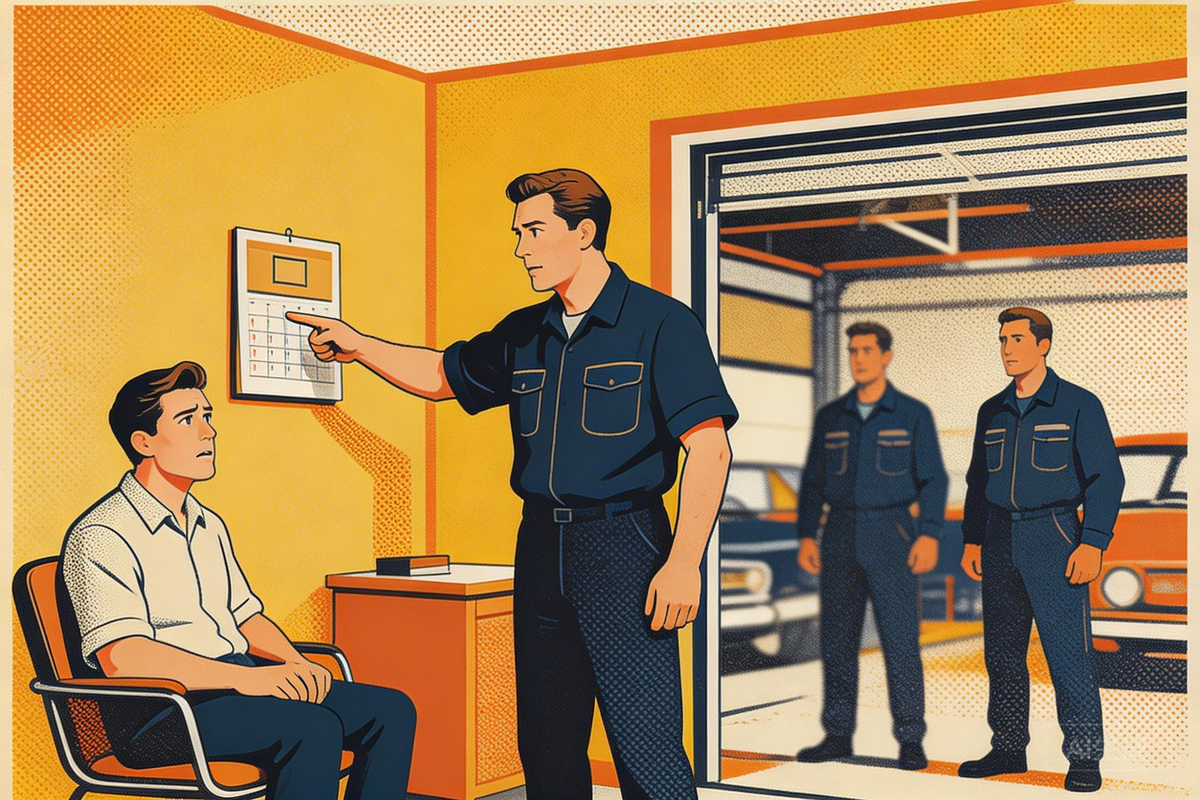 Auto shop owner reviewing a misbooked appointment at the front desk