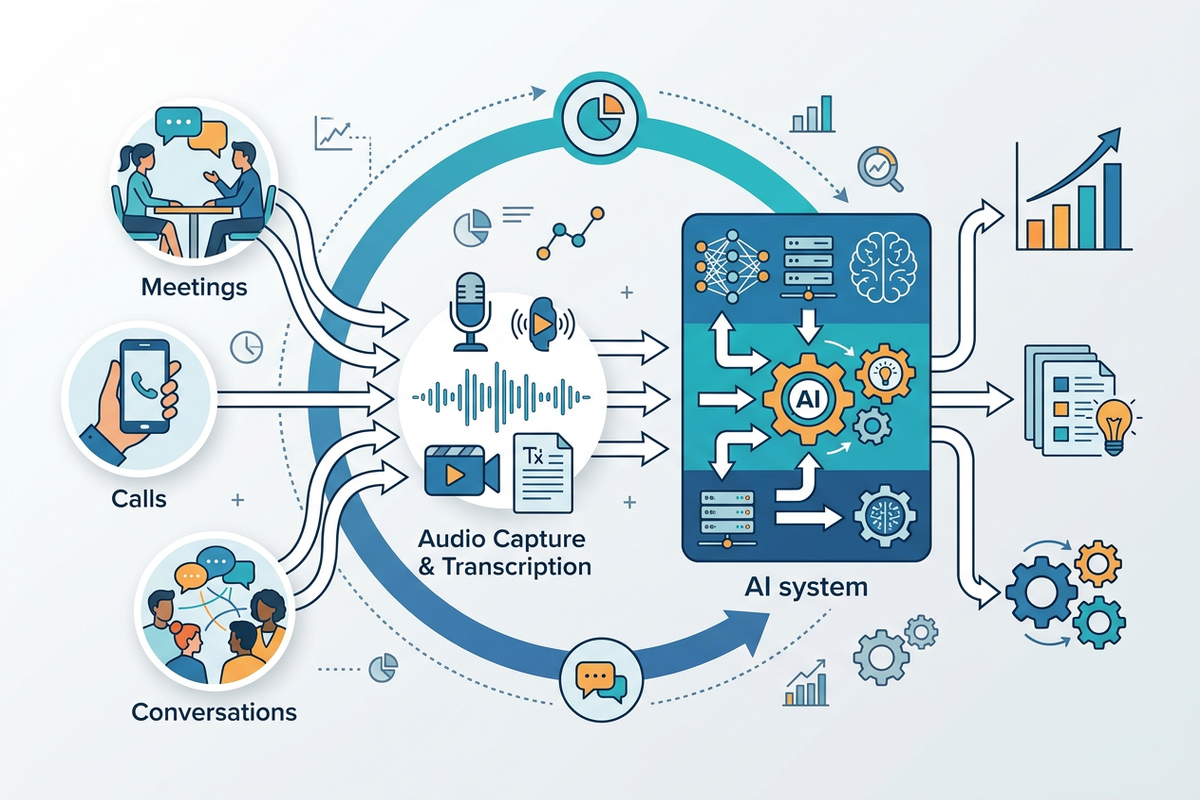 Infographic showing spoken conversations as real-world context input for AI