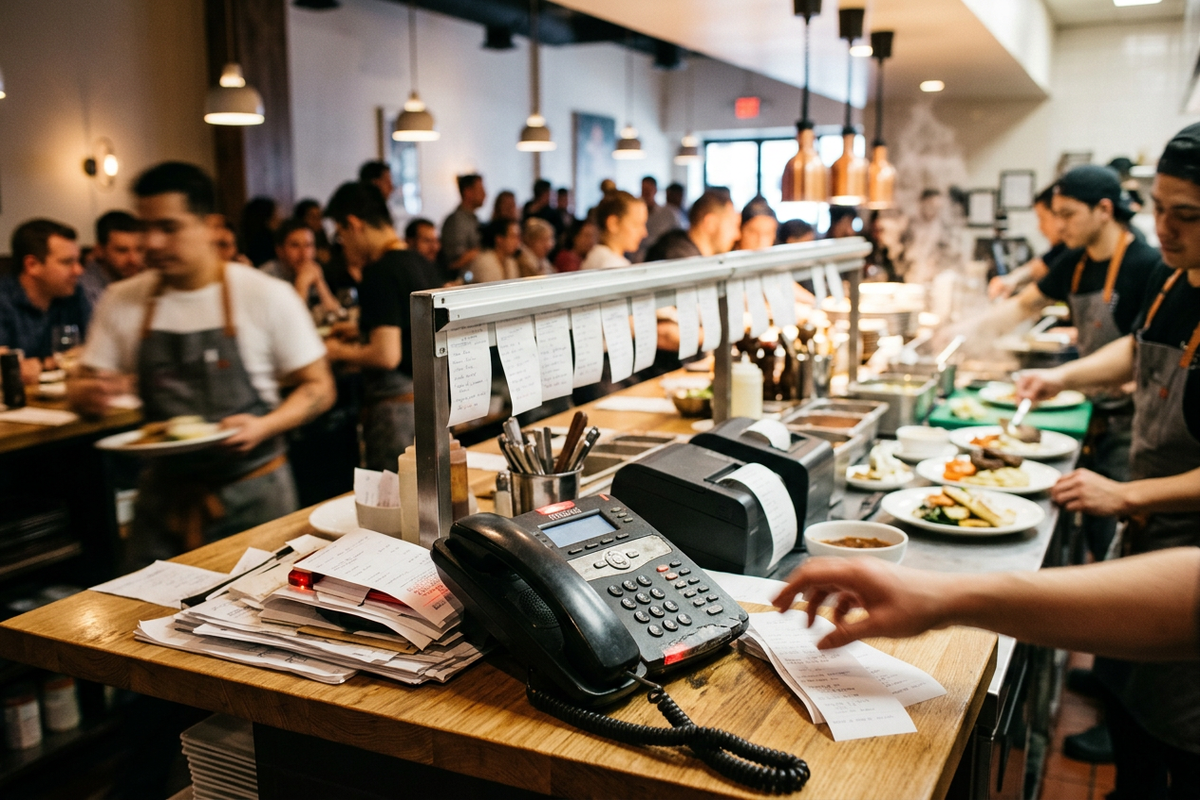 Busy restaurant counter during lunch rush with ringing phone