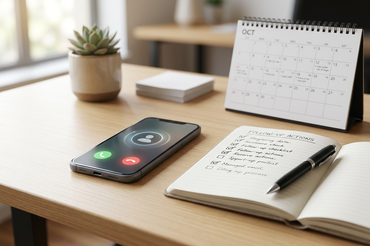 Phone call workflow with checklist and calendar for follow-up