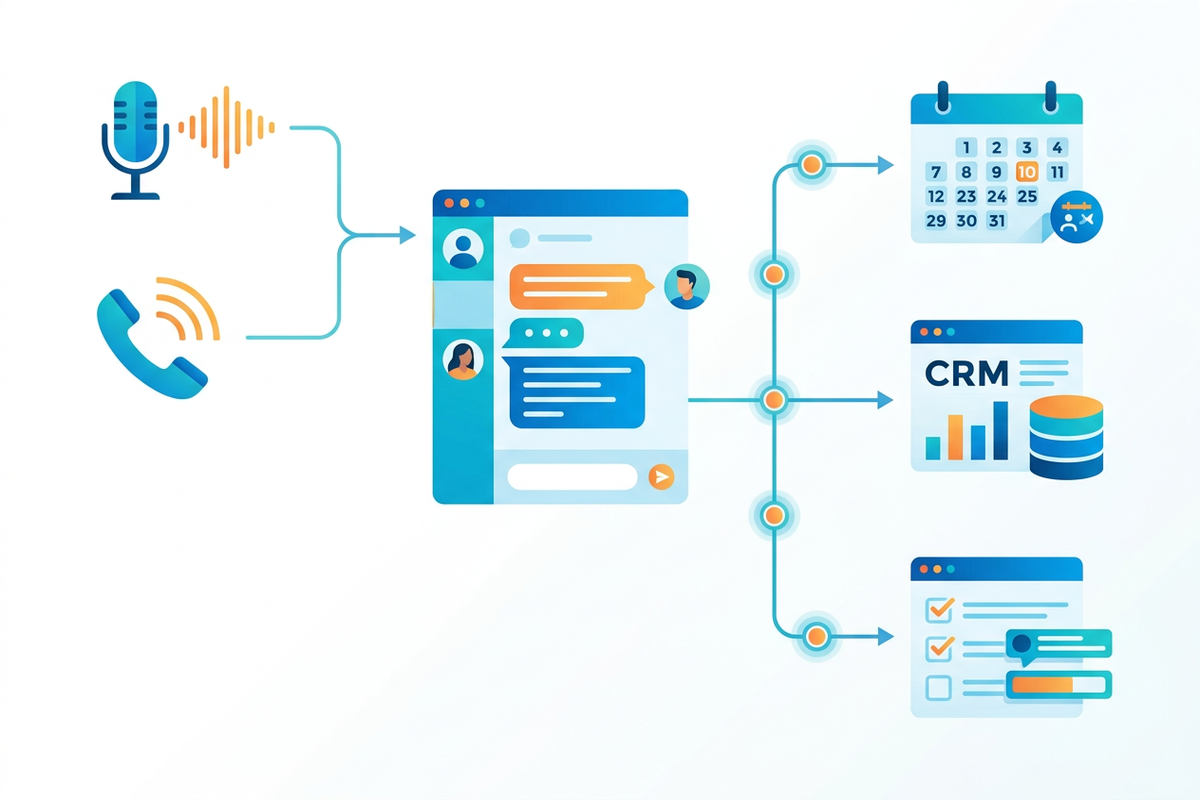 Infographic of AI voice memory flowing into chat, CRM, and tasks