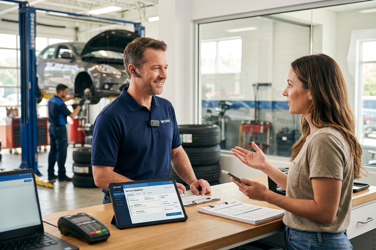 Auto shop owner using a wearable microphone while speaking with a customer at the front counter