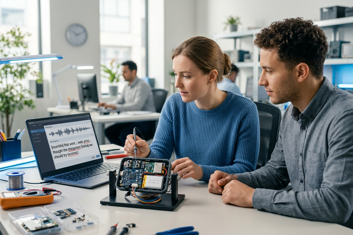 Engineers testing a wearable AI voice recorder prototype in a lab