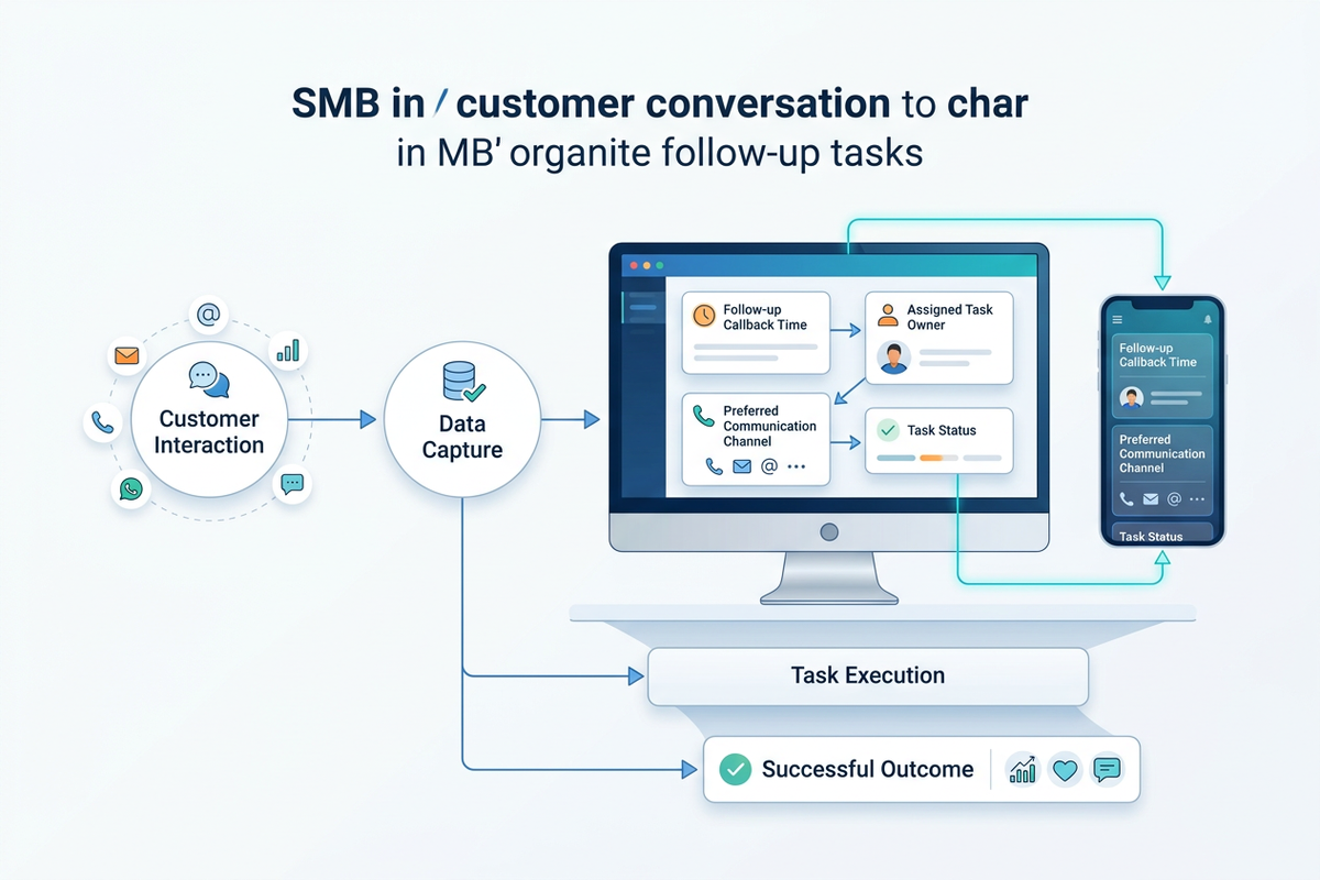 AI-generated follow-up tasks from a customer conversation displayed on a phone and desktop screen