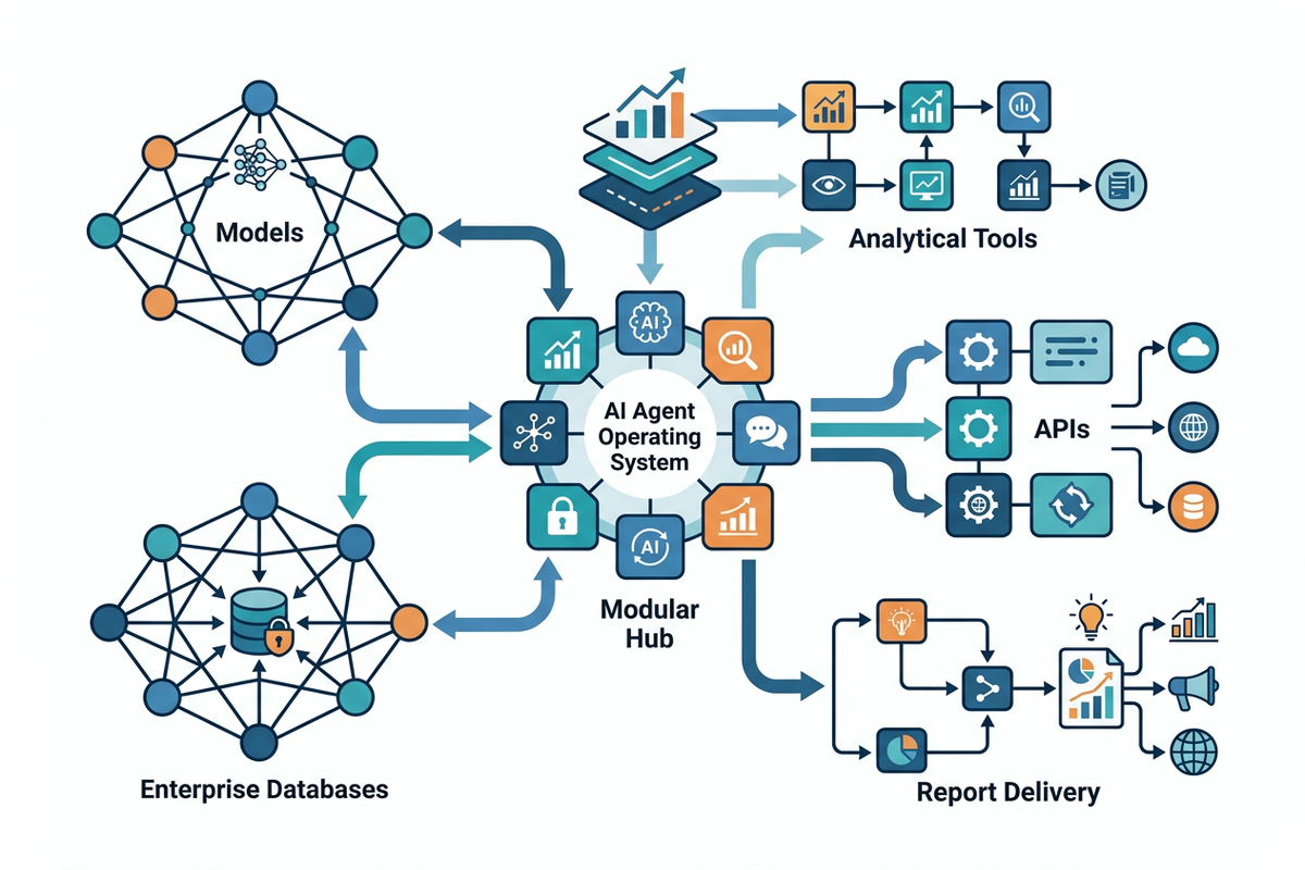 Infographic of an AI agent operating system coordinating tools, data, and workflows