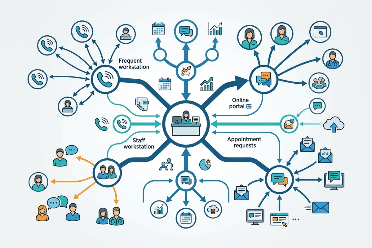 Clinic front desk handling calls, in-person questions, and digital messages at the same time