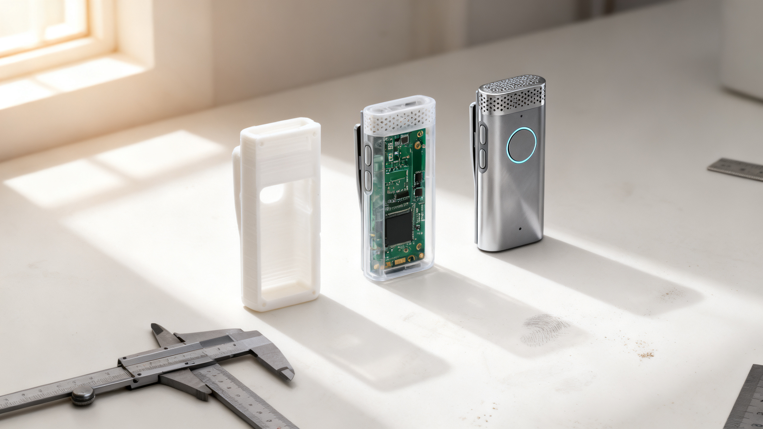 Three stages of rapid prototyping — 3D printed shell, transparent engineering sample with PCB, and finished brushed-silver device