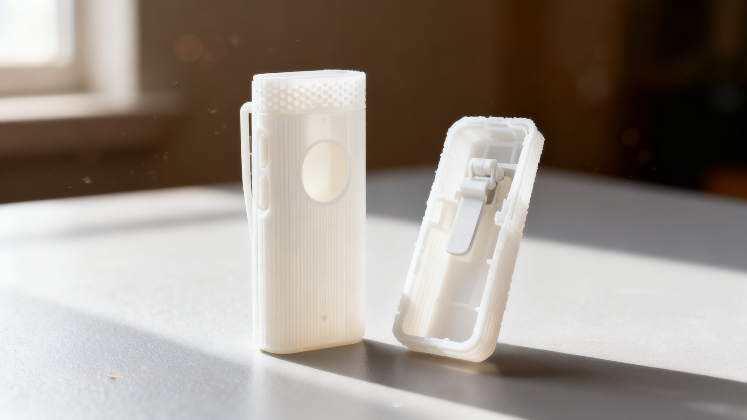 White 3D-printed resin enclosure shells showing layer lines and internal clip structure