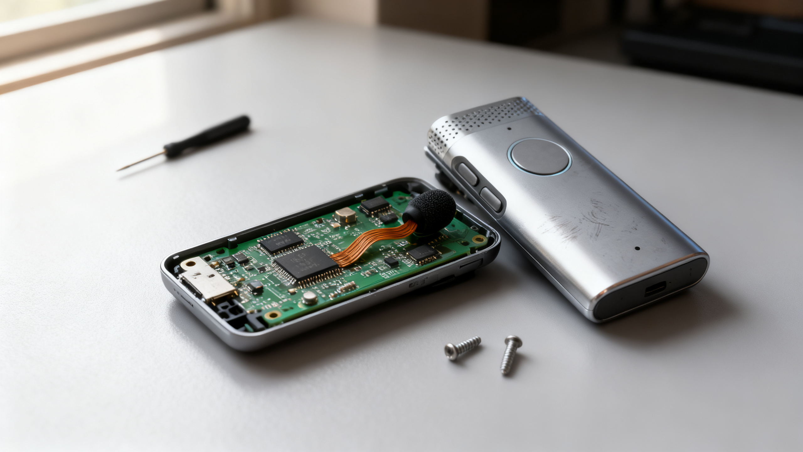Disassembled engineering sample showing green PCB with components alongside assembled brushed-silver unit