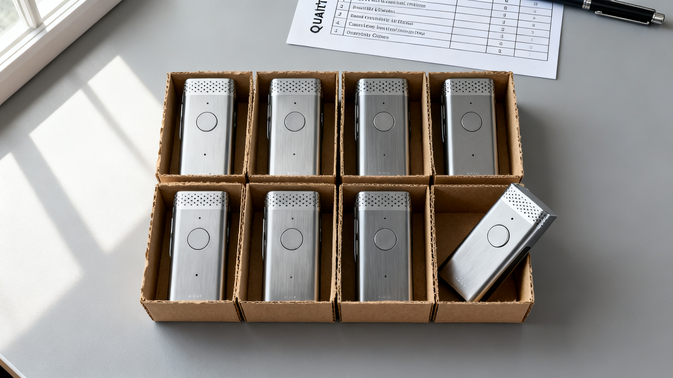 Eight identical brushed-silver devices packed in kraft paper tray dividers with QC checklist