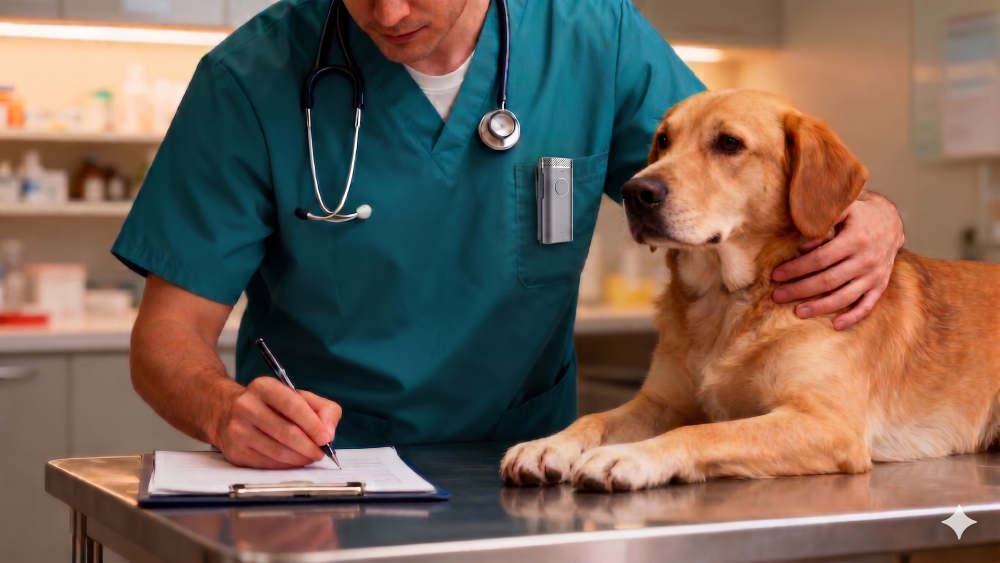 Veterinary professional using voice AI documentation