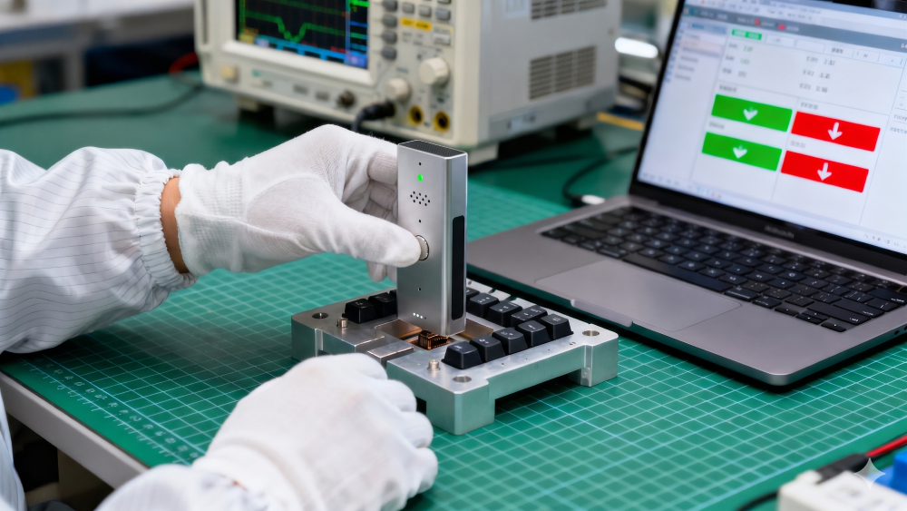 SMT line operator inspecting a populated MIC05 circuit board