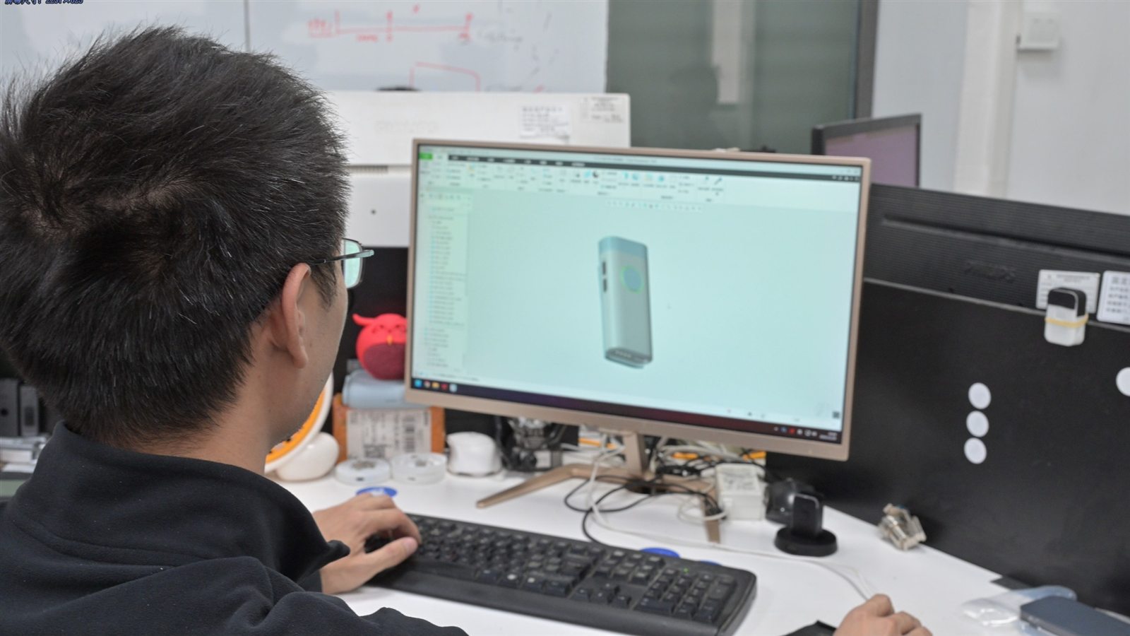 CAD design of a device enclosure on screen