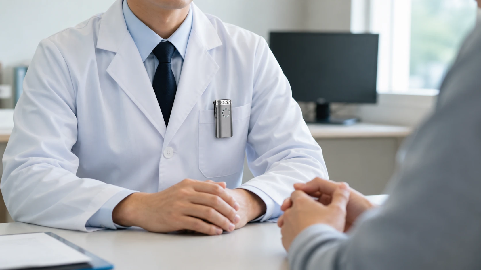 Doctor wearing a voice-capture device during a clinical consultation